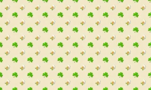 Pattern with green four-leaf clovers and white flowers on beige Stock Illustration