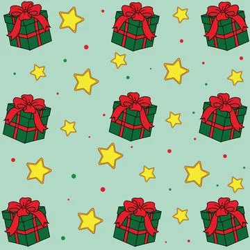 Pattern with green gift boxes and stars on blue background. Illustrazione stock