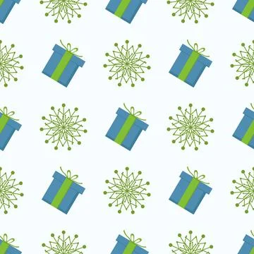 Pattern of green gift with snowflakes on light background Illustrazione stock