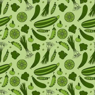 Pattern with green handdrawn vegetables and fruits Stock Illustration