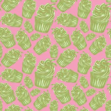 Pattern of green, hatched cupcakes on a pink background, confectionery packag Stock Illustration