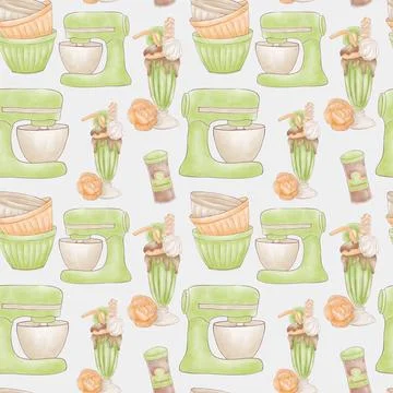 A pattern of green kitchen accessories - a mixer with a bowl, a cocktail, cup Stock Illustration