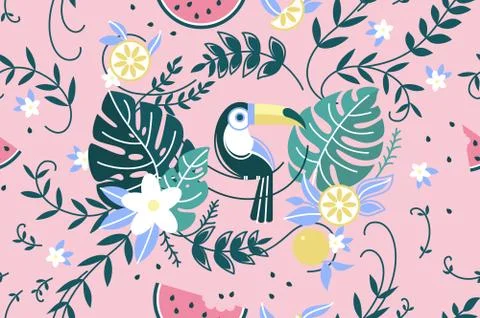 Pattern with green leaf palm and parrot 스톡 일러스트