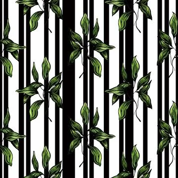 Pattern with green leaves on a striped black and white background Stock Illustration