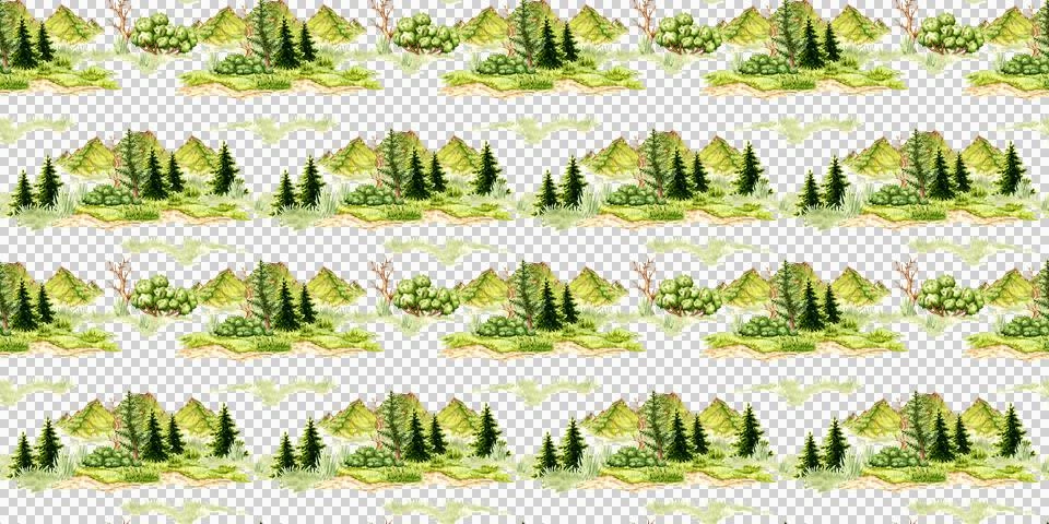 Pattern of green mountains trees bushes and grass in watercolor Stockillustratie