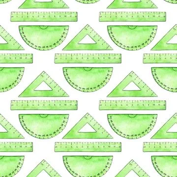 Pattern green ruler protractor triangle and direct watercolor Stock Illustration