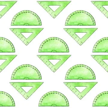 Pattern green ruler triangle and protractor watercolor Stock Illustration
