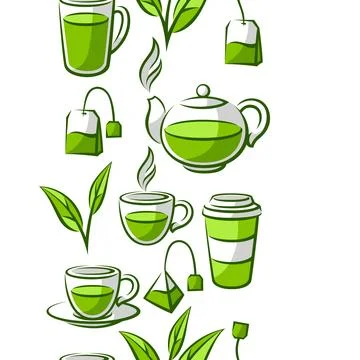 Pattern with green tea items. Background with tea and accessories, packs and Stock Illustration