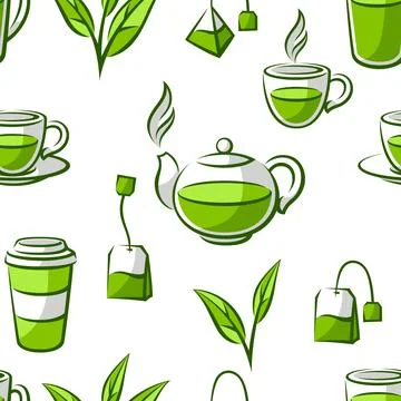 Pattern with green tea items. Background with tea and accessories, packs and 스톡 일러스트
