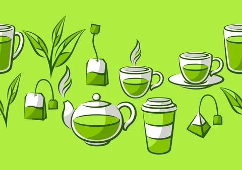 Pattern with green tea items. Background with tea and accessories, packs and Stock Illustration