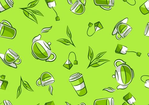 Pattern with green tea items. Background with tea and accessories, packs and Stock Illustration