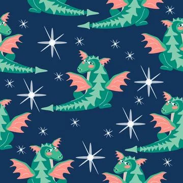 Pattern green winged dragon Stock Illustration