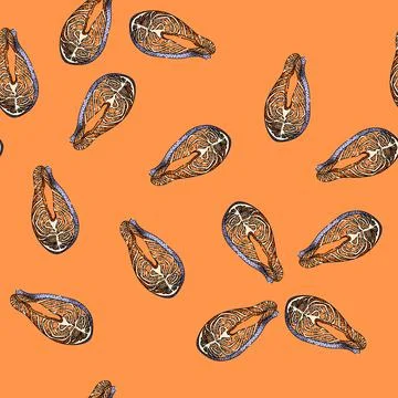 Pattern grilled fish fillet sketch hand drawn Stock Illustration