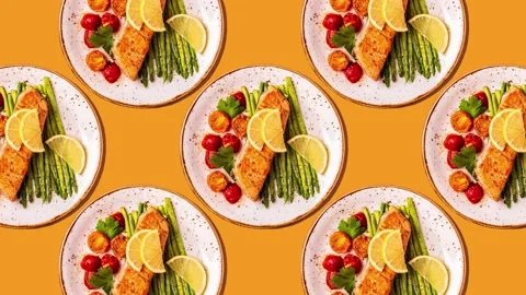Pattern of grilled salmon with asparagus Stock Footage 153166636
