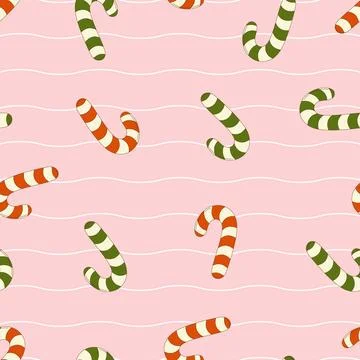 Pattern of groovy candy cane in retro style on a pink background. Vector 스톡 일러스트