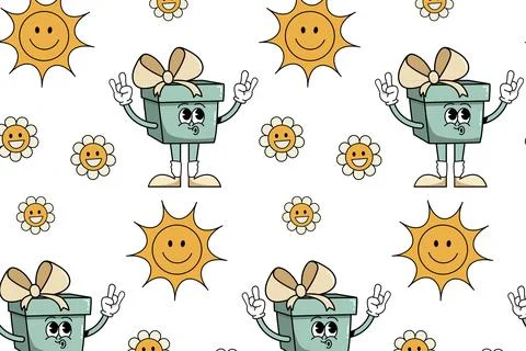 Pattern Groovy cartoon characters gift and daisy flowers. Stock Illustration