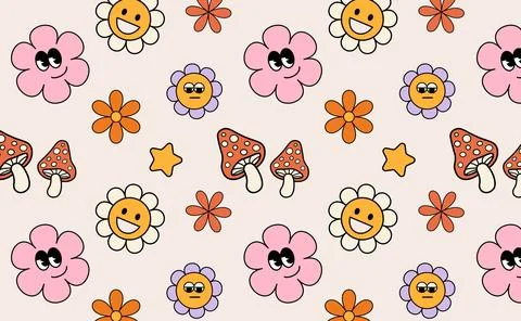 Pattern Groovy flower cartoon characters. Stock Illustration