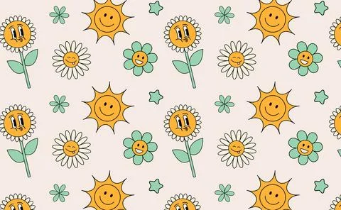 Pattern Groovy flower cartoon characters. Stock Illustration