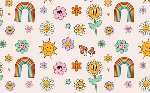 Pattern Groovy flower cartoon characters. Stock Illustration