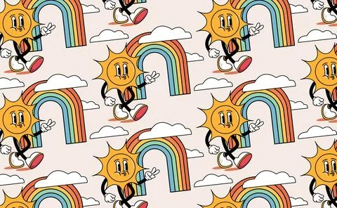Pattern groovy funny trendy retro cartoon Cloud, rainbow, sun. 스톡 일러스트