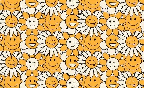 Pattern groovy funny trendy retro cartoon characters flowers crowd. Stock Illustration