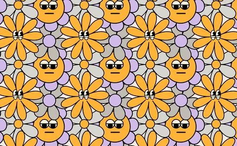 Pattern groovy funny trendy retro cartoon characters flowers crowd. Stock Illustration