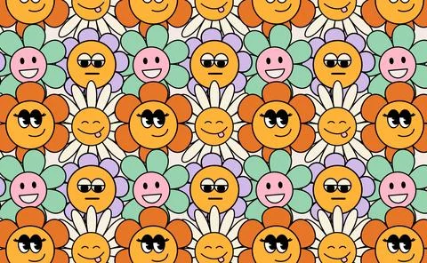 Pattern groovy funny trendy retro cartoon characters flowers crowd. Stock Illustration