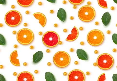 Pattern half cut with orange fruits and grapefruit with leaf petals on white  Stock Illustration