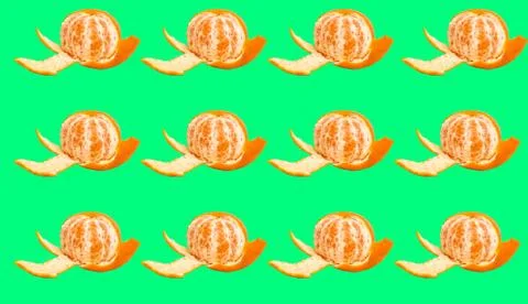 A pattern with a half-peeled tangerine on a green background. Stock Illustration