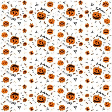 Pattern of halloween angry faces pumpkins, bones and sweets with lettering te Stock Illustration