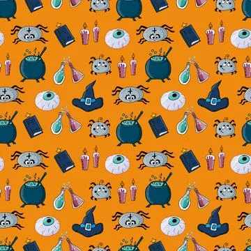Pattern of Halloween elements on orange Illustrazione stock