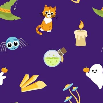 Pattern with Halloween elements. Seamless background. Cartoon, flat, vector Illustrazione stock