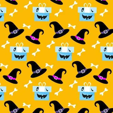Pattern, Halloween, magic hat, bones and a blue gift with a funny face イラスト素材