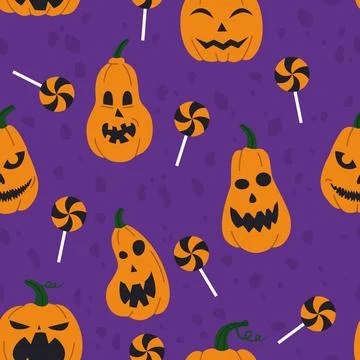 Pattern for Halloween with pumpkins and candies on a purple background Stock Illustration