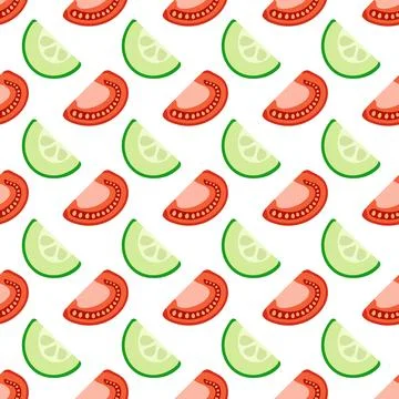 Pattern of halves of cucumber and tomato. Salad ingredients. Pattern of food on Stock Illustration