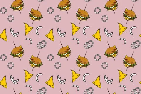Pattern of a hamburger on a skewer, cheese and onions in trendy shades on a pale Stock Illustration