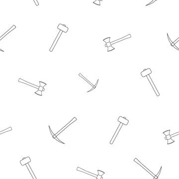 Pattern of hammer, axe with wooden handle in line style. On a white background Stock Illustration