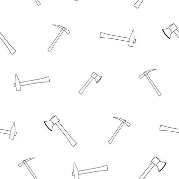 Pattern of hammer, axe with wooden handle in line style. On a white background Stock Illustration