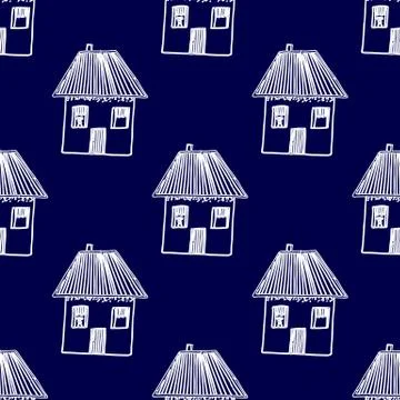 Pattern hand draw houses blue white color Stock Illustration