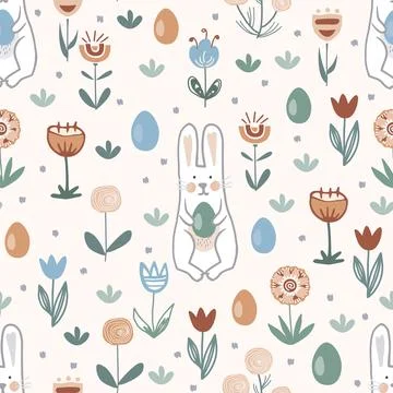 Pattern with hand drawn bunnies, Easter eggs and doodle flowers. Vector seamless Stock Illustration