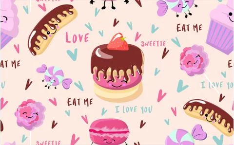 Pattern of hand drawn cakes, candies, macaroons, cupcakes, sketch vector illu Stock Illustration