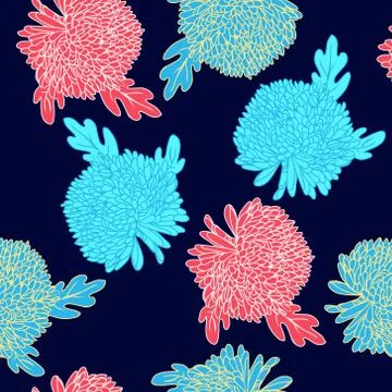 Pattern with hand drawn chrysanthemums flowers. Illustrazione stock