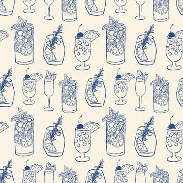 Pattern of hand drawn cocktails on light background Illustrazione stock