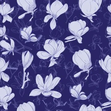 Pattern hand drawn Collection of magnolia flowers and leaves Stock Illustration
