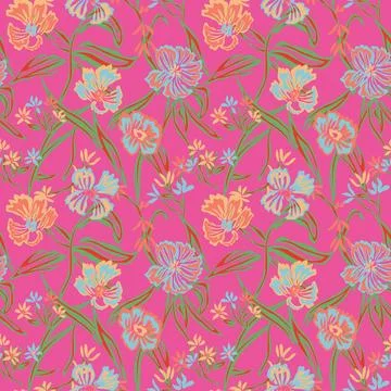 Pattern with hand-drawn colorful flowers and green stems on a bright pink b.. Stock Illustration