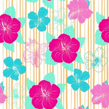 Pattern with hand drawn decorative hibiscus flowers. Stock Illustration
