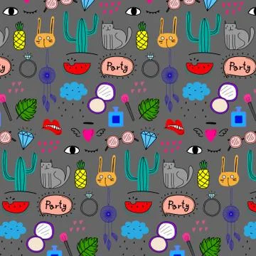 Pattern With Hand Drawn Doodle Lovely Party Background. Doodle Funny. Handmade Stock Illustration