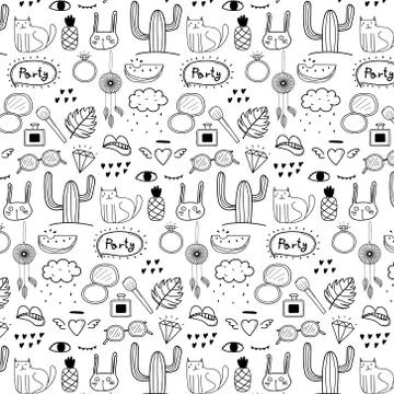 Pattern With Hand Drawn Doodle Lovely Party Background. Doodle Funny. Handmade Stock Illustration