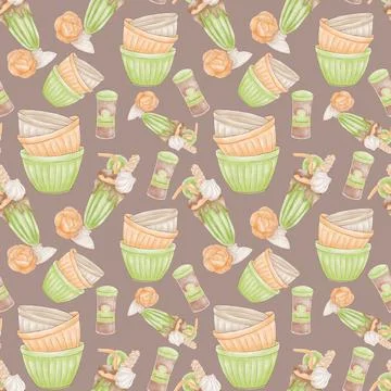 A pattern of hand-drawn elements of a cup, seasoning, cocktail on a brown bac Stock Illustration