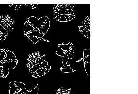 Pattern hand drawn hearts and dogs on black blackboard. Stock Illustration